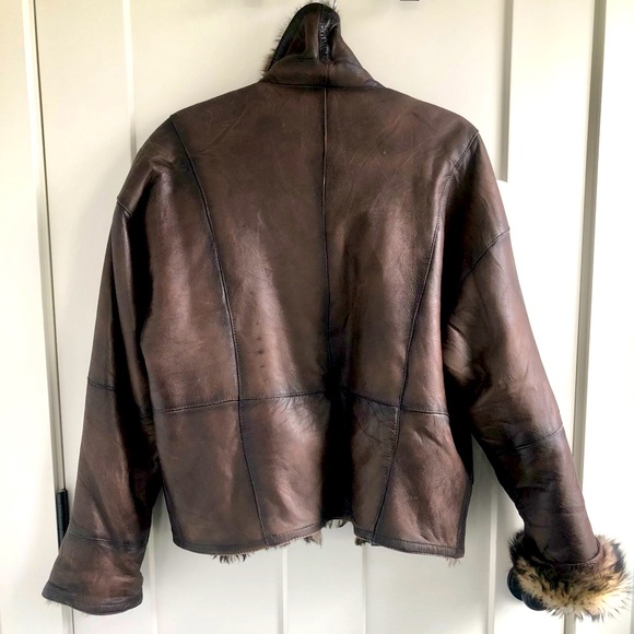 New Vintage European 90s Y2K brown leather shearling crop short jacket S Small - Picture 6 of 11